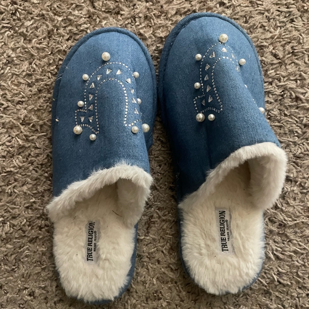 True Religion Denim Blue Pearl Embellished Slippers